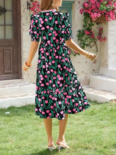 Image of Wenrine Womens Summer Floral Puff Short Sleeve V Neck Flowy Midi Dress | Casual,Ruffle Sleeve,Empire Waist,Swing,Boho,Beach,Vacation,Maxi Dress,with Pockets
