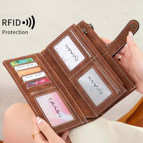 Image of Women Leather Wallet Crossbody Shoulder Bag with Double Zipper and Mobile Phone Purse with Shoulder Strap