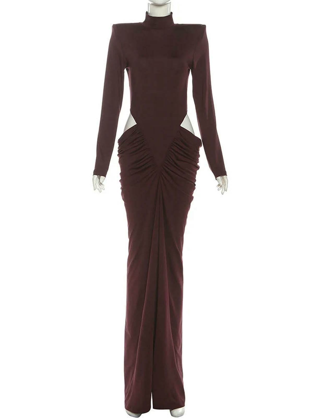 Vestito Brown Cutout Bodycon Maxi Abito per Le Donne - Manica Lunga Ruched Spalla Pad da Sera Festa-Brown-s