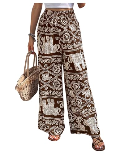 Women's Wide Leg Boho Vacation Pants Elastic High Waisted Animal Print Long Trousers