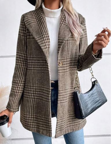 IDEALSANXUN Long Wool Plaid Blazer for Women Fall Outfits Winter Trench Coat Long Sleeve Casual Dressy Lapel Jacket Peacoat2
