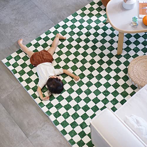 Grün Weißer Schachbrett Teppich – Weicher Geometrisch Karierter Teppich, Rutschfester...