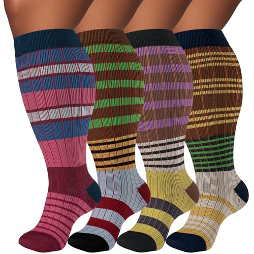 Image of Plus Size Compression Socks for Women & Men 4 Pairs, Wide Calf Extra Large 20-30 mmHg Knee High Support Socks for Travel, Running, Nurse