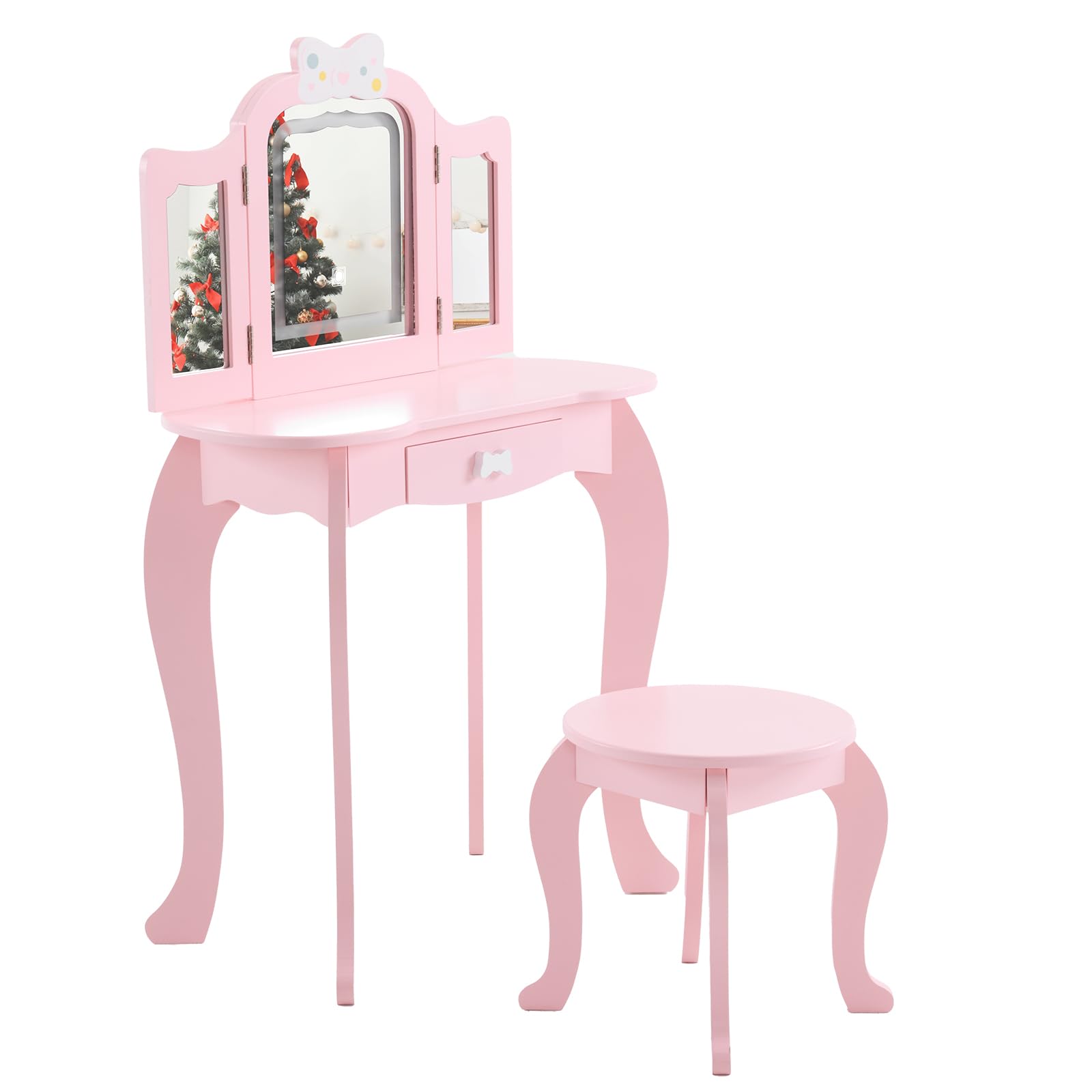 Vanity Set,ShyneeMakeup Dressing Vanity Set Wooden Princess Makeup Table with Cushioned Stool,Drawer,Wooden Legs and Mirror, Make Up Dressing Play Set for Girls (Pink Bow)