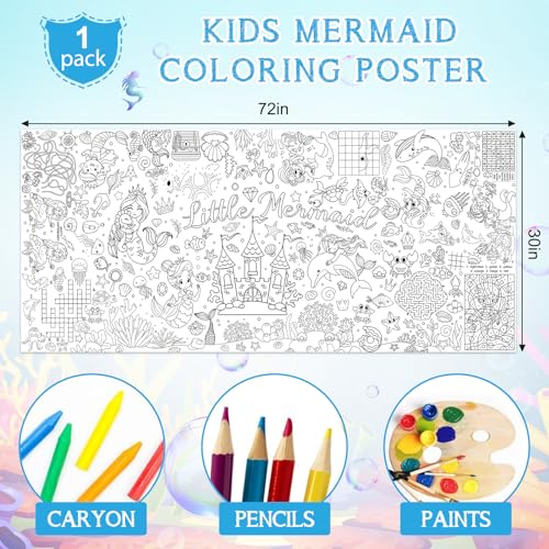 Image of Mermaid Giant Coloring Poster for Kids 30 x 72 Inch, Large Coloring Poster Sheets Tablecloth, Mermaid Themed Color-in Activities Games for Kids School Classroom Home Party Supplies Decorations