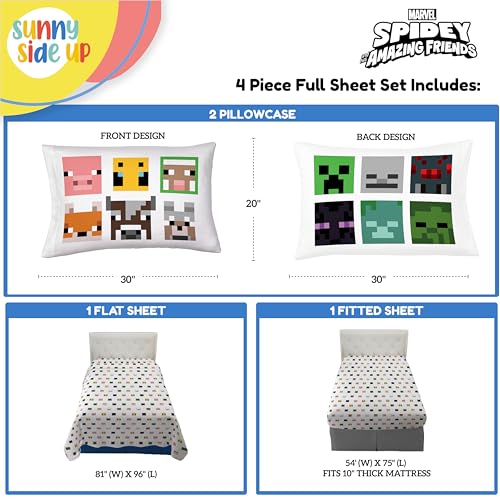 Image of Sunny Side Up Minecraft Creeper & Animals Full Sheet Set - 4 Piece Kids Bedding Set Includes Pillow Cover - Super Soft Microfiber Sheets