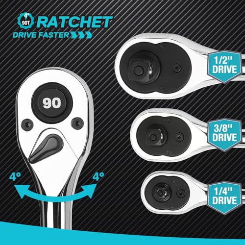 Image of DURATECH 3-Piece Drive Ratchet, 1 /4 inch, 3 /8 inch, 1 /2 inch 90-Tooth Quick-Release Ratchet Wrench, Reversible, Cr-V Made, Full Polished - with Plastic Insert Storage Box, Gifts for Men, Women, Dad