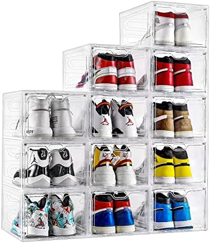 INSTY Shoe Boxes, Set of 12, Stackable Clear Plastic Shoe Storage Boxes, Drop Front Shoe Box with Lids,Shoe Organizer Containers for Sneaker Display, Fit up to US Size 12(13.4”x 9.8”x 7.1”)