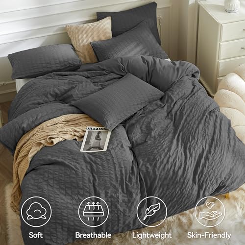 Image of JELLYMONI Charcoal Grey Duvet Cover Full Size, 3pcs Washed Microfiber Bedding Set, Soft Breathable Seersucker Duvet Cover Set with Zipper Closure and Corner Ties for All Seasons
