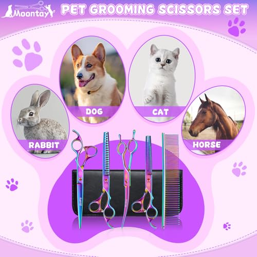 Image of Moontay Professional 7.0 inch Pet Grooming Scissors Set, 4-Pieces 440C Japanese Steel Straight & Curved & Thinning & Chunker Shears /Scissors with 1 Grooming Comb for Dog Cat and More Pets, Multicolour