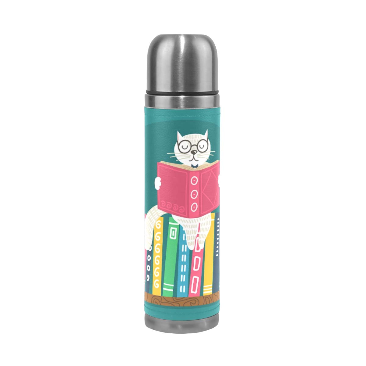 Taza de viaje aislada al vacío de acero inoxidable con doble pared a prueba de fugas, botella de taza divertida con diseño de gato de dibujos animados personalizados, de piel auténtica, 500 ml