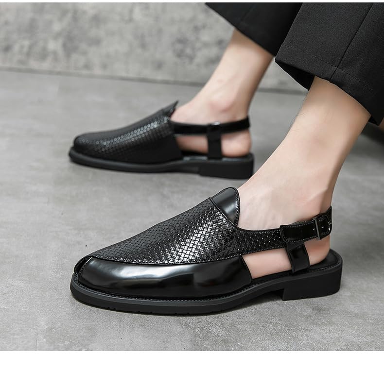 Men's Patchwork Leather Closed-toe Sandals with Adjustable Buckle Anti-slip Breathable Pointed-toe Block-heel Slippers for Business Walking Driving Office Dress Shoes4