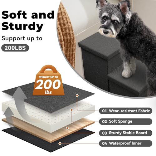 Image of Zerbuger Dog Stairs with Storage 18 inch H, 3-Step Wider Dog Steps for Small /Medium /Large Old Dogs Cats, Folding Sturdy Pet Stairs Climbing Bed Couch, Ramp for Car Hold Up to 200 lbs (Dark Grey, No Condo)