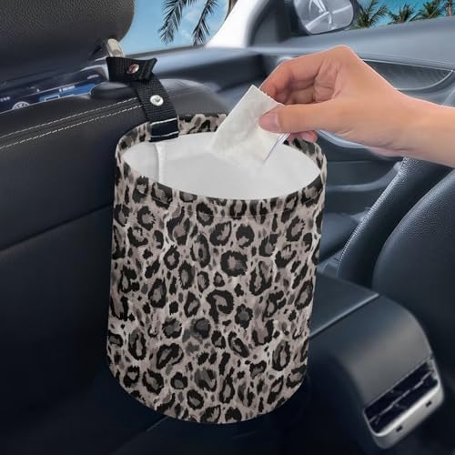 Image of Renewold Leopard Gray Car Trash Can Bin Automotive Front Back Seat Garbage Cans Vehicle Trash Bag with Adjustable Button Straps Auto Waster Container Camping Hiking Beach Storage Bag Waterproof