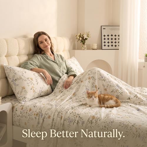 Image of FADFAY King Size Sheets Floral Cooling Bed Sheet Set Muslin Cotton Chic Beige Green French Country Style Bedding Luxury Super Soft Breathable Crisp Bed Deep Pocket Fitted Sheet 4 Pcs