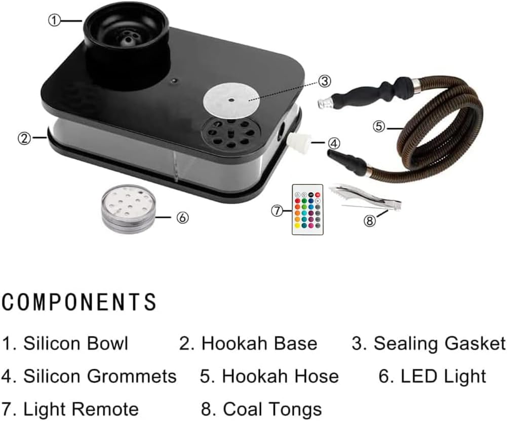Acrylic Hookah Set Portable Personal Travel Flat Led Hookahs Box with Everything Travel Case Silicone Bowl Silk Hookah Hose Tongs Magical LED Light for Better Shisha Hookahs Narguile Smoking