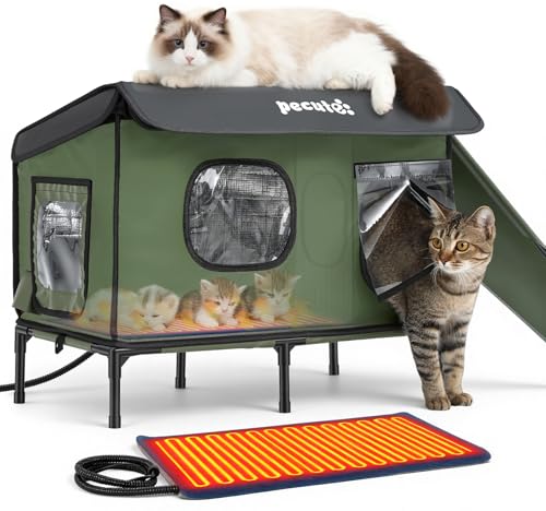 pecute Katzenhöhle für Draußen mit Heizkissen, Isoliertes Haustierhaus Winterfest Wasserdicht, Katzenhaus Tierheim mit Erhöhtem Sockel & Vorhang,...