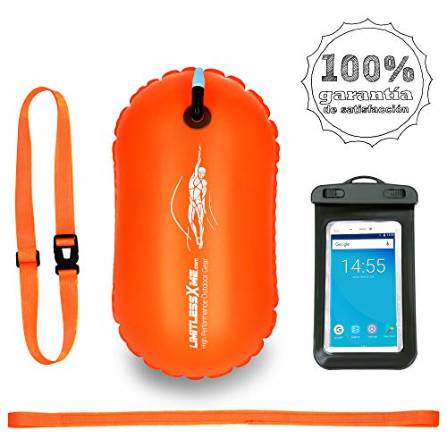 LimitlessXme Boya De Natación Naranja con Funda para Móvil. Visibilidad y Seguridad al Nadar en el mar y en el Lago. Swim Buoy Inflable para Aguas Abiertas