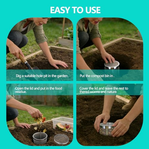2 Pack Underground Worm Composting Bin with Gardening Gloves - Small Round Metal Stainless Steel Composter for Family Garden, Outdoor Compost Bins (2) - Image 5