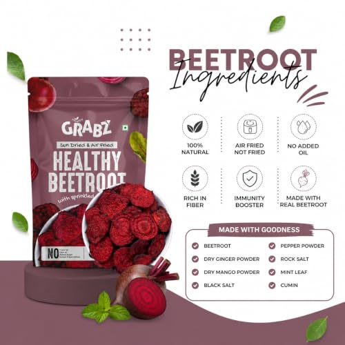 Image of GRABZ Air-Cooked Beetroot Chips | Solar-Dehydrated, Vegan, High Fibre | Oil-Free Crunchy Snack - 20g Each (Pack of 3)