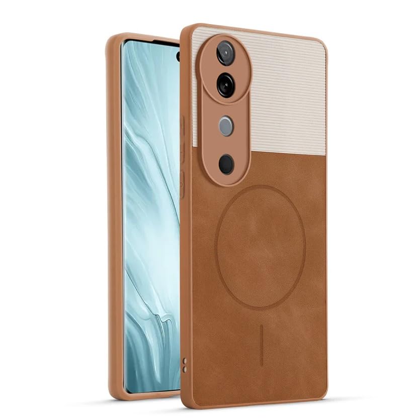 Image of Bintage CASE Dual-Leather Mac Safe Design Phone Case| Soft Touch Finish | Full Camera Protectection Back Cover Compatible for Vivo V2348 / Vivo V40 5G - White & Nut Brown