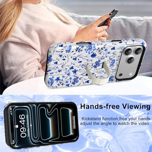 Image of Magnetic for iPhone 17 Pro Max Case with Finger Strap Kickstand [Compatible with Magsafe] Cute Floral Flower Pattern Design, Dual-Layer Shockproof Protective Cover for Women Men, Blue