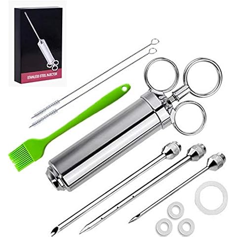 Nifogo Meat Injector Syringe Kit, Stainless Steel Marinade Flavor Injector Kit with 3 Needles, Turkey Baster Food Syringe for BBQ, Baking, Turkey and Cooking, Free silicone brush (Silver) Cover