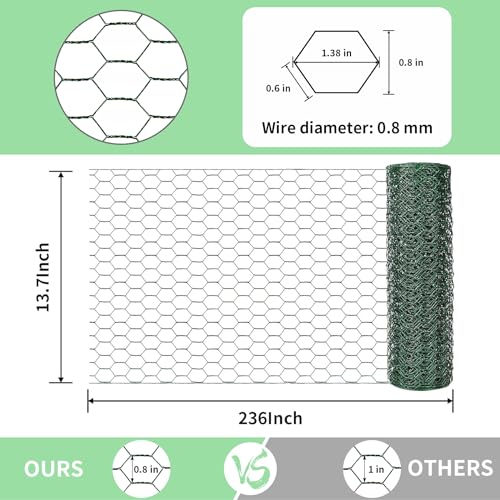 Image of Chicken Wire 13.7 in x 236 in Poultry Wire Netting Hexagonal Galvanized Mesh Garden Fence Barrier for Pet Rabbit Chicken Fencing (PVC-Coated)