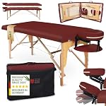 Zen Table de Massage Pliante professionelle - lit esthetique Table Tatouage, Extension de Cils en Bois et Hauteur réglable, Portable avec Appui-tête réglable, accoudoirs, Sac de Transport (Bordeaux)