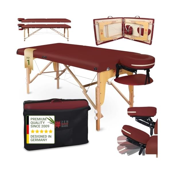 Zen Table de Massage Pliante professionelle - lit esthetique Table Tatouage, Extension de Cils en Bois et Hauteur réglable, Portable avec Appui-tête réglable, accoudoirs, Sac de Transport (Bordeaux)