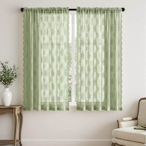 Image of MIULEE Vintage Floral Scalloped Lace Curtains, Sage Green 52 inch W x 63 inch L | 2 Panels, Spring Victorian Design, Short Semi Sheer Curtains, Light Filtering Rod Pocket Drapes, for Bedroom Living Room