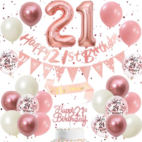 21st Birthday Decorations Retro Pink Rose Gold - Double Digits 21 Party Supplies Set for Women & Girls birthday Banner Pennant Flags Cake Topper Balloon Assortment (21st Pink Birthday Set)