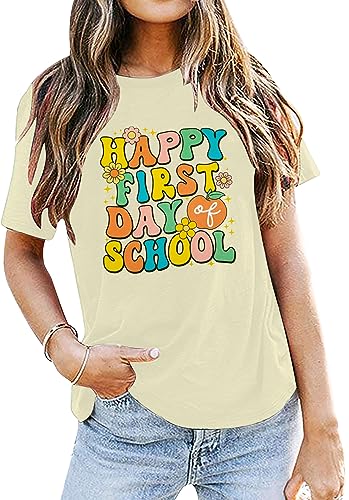 Happy First Day of School T Shirt Women Back to School Funny Shirts Teacher Teaching Appreciation Gift Graphic Cute Tops