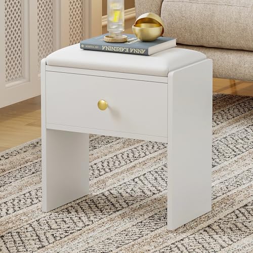 Luxstein Taburete de tocador con Almacenamiento, Taburete de Maquillaje de Madera, Banco Acolchado, Taburete de Maquillaje para vestidor, Dormitorio, Pasillo y salón, 40 x 23,5 x 46 cm, Blanco