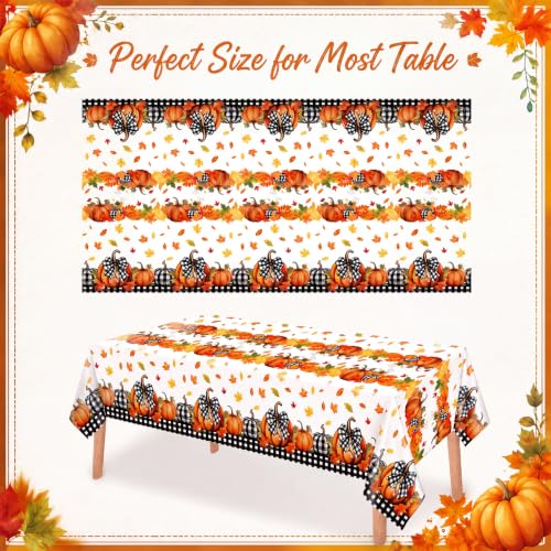 Image of Ganeen 3 Pcs Fall Pumpkin Tablecloth Thanksgiving Orange Pumpkin Maple Leaf Plastic Table Cloth Disposable Buffalo Plaid Table Cover for Fall Autumn Harvest Party Holiday Dining Decor, 108 x 54 Inch