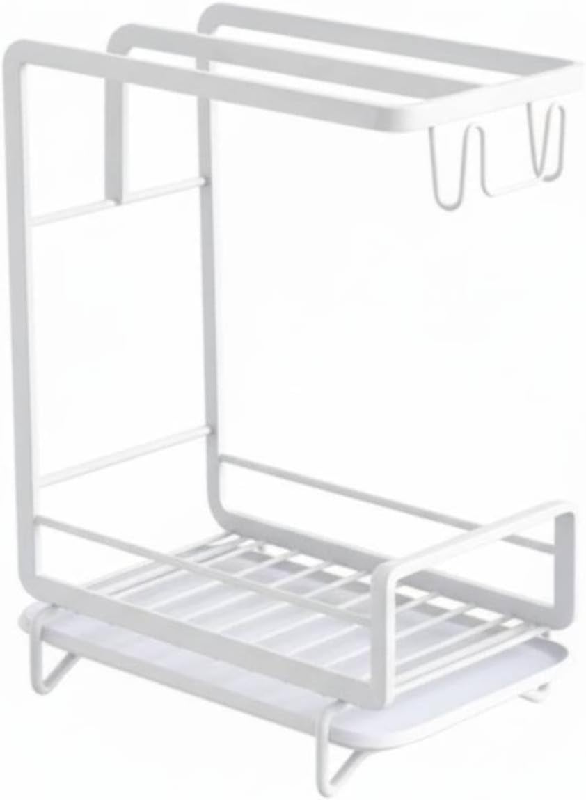 Kitchen Shelf Carbon Steel Organizer Rack Storage Removable Tray efficient Drainage Hooks with Towel Holder Suitable for Household Kitchen Countertop Wall, White