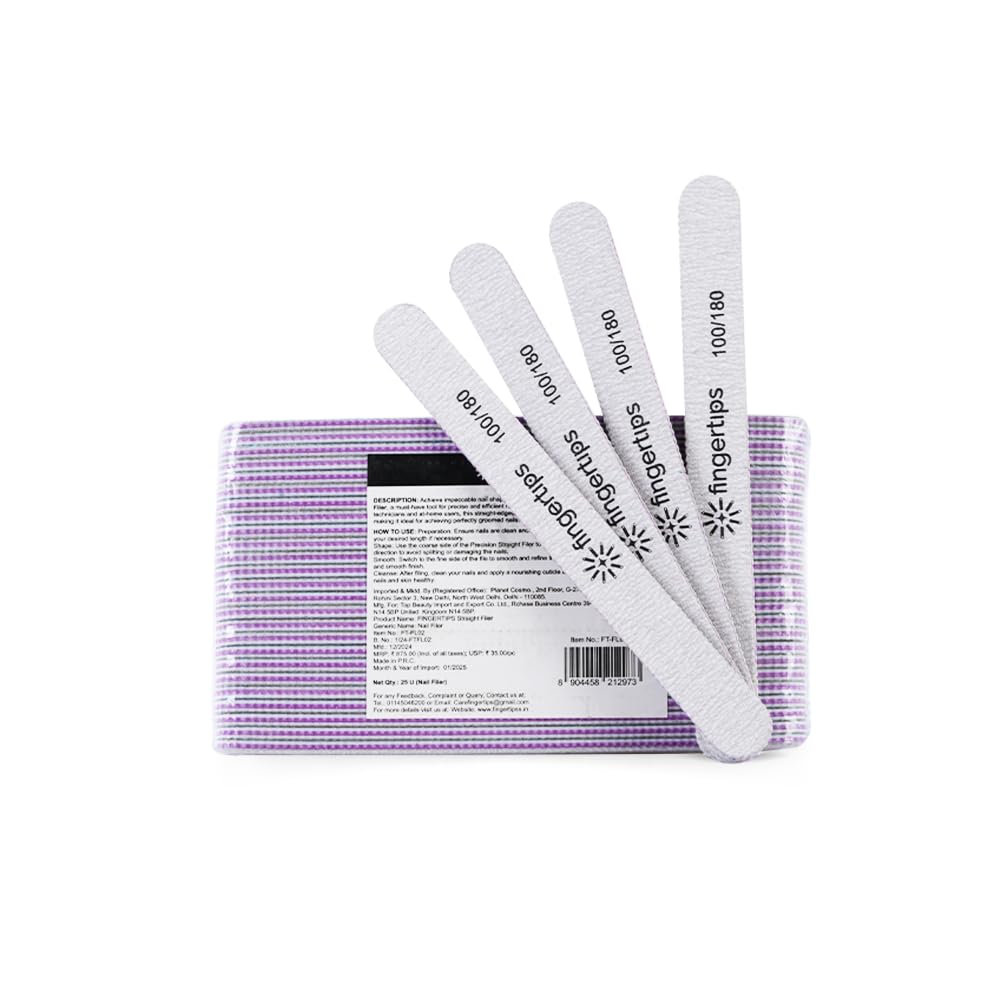 Fingertips Straight Nail File Set 100/180 Grit (25 Pcs) – Professional Double Sided Nail Filer for Acrylic, Gel & Natural Nails – Salon Quality Emery Boards for Manicure & Pedicure-image-11