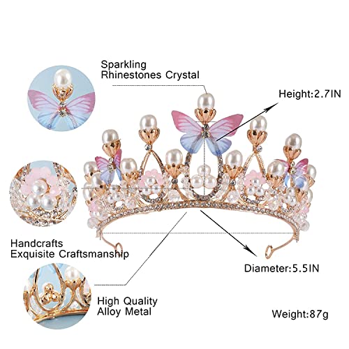 Image of RENESMEE Crystal Tiara Crown Pearl Princess Costume Crown Headband Flower Pageant Handmade Hair Accessories Cosplay, Birthday, Celebration for Girl Women