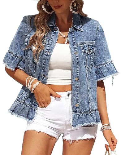Kedera Short Sleeve Denim Jacket for Women Light Washed Blue Jean Jackets Ruffle Sleeve Denim Shirt Summer Top