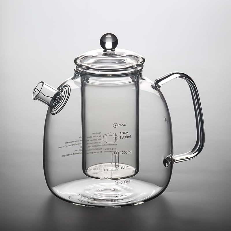 High Borosilicate Glass Teapot with Removable Infuser and Clear Scale, Heat Resistant Stovetop Safe Glass Tea Kettle for Loose Leaf Tea, Herbal Tea, Coffee Brewing