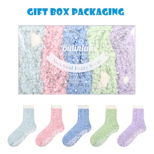 Image of Bulinlulu Fuzzy Socks With Grips for Women, 5 Pairs Non Slip Sleep Warm Fluffy Slipper Socks Gifts for Women