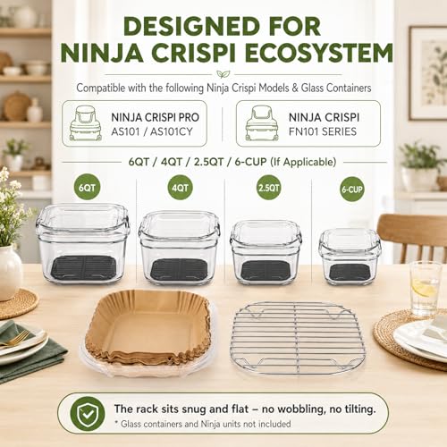 Image of Uniflasy Crisper Rack for Ninja Crispi Air Fryer Accessories FN101ST and Crispi Pro AS101CY, 6QT 4QT 2.5QT 6-Cup Glass Containers SUS304 Stainless Steel Grill Rack with 100pcs Parchment Liners