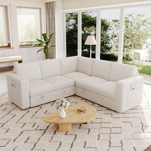 Image of 83.5 inch Corduroy Sectional Sleeper Sofa Pull Couch with Storage Beige | 5 Seat Comfy Couches for Living Room, Apartments, or Guest Spaces; Sectionals Modular Sofa Design, Comfortable Seating.