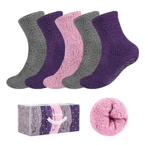 Image of Bulinlulu Fuzzy Socks With Grips for Women, 5 Pairs Non Slip Sleep Warm Fluffy Slipper Socks Gifts for Women