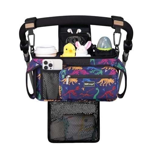 Image of TOPDesign Universal Baby Stroller Organizer, Stroller Caddy with Detachable Mesh Bag & Heightened Insulated Cup Holders & Non-Slip Secure Hooks Accessories, Fits Most Strollers (Dino Fossils)