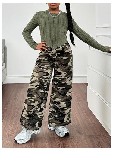Image of Floerns Girl's Long Sleeve Tee Shirt with Camo Print Pants Set 2 Piece Outfit