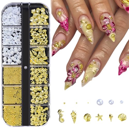KAFZEL 1 Boîte Strass ongle nail art, Deco ongle, Perles et billes d'acier, Coquilles et étoiles de mer pour art des on-gles, Bedazzling kit Nailart Décoration