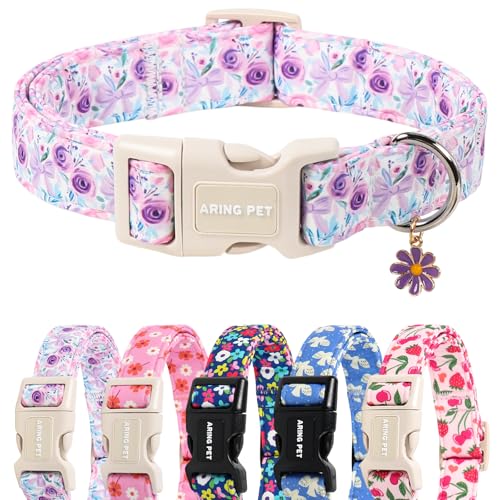 Image of ARING PET Girl Dog Collar for Puppy Small Medium Large Dogs-Purple Rose S | Cute Spring Summer Floral Pet Collars for XS S M L XL Girl Female Dogs, Soft Comfy Sturdy, Neighborhood Stroll Everyday Wear