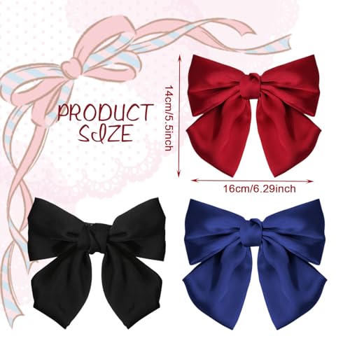GWAWG 3PCS Bow Hair Clip,Hair Bows Barrettes Solid Color,Soft Satin Silky Hair Bows for Women Girls(Black, Red, and Blue) - Image 2