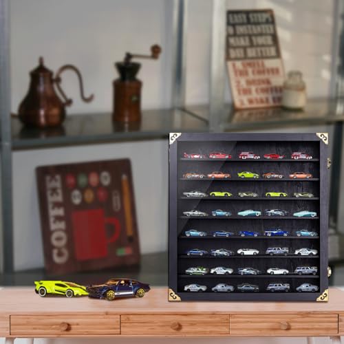 Image of Giant Model Car Display Case with Wall Mounts,Display up to 50 Cars ,Model Hot Toy Cars Storage Organizer,15.7*2.75*16.7 Inches,UV Protection Acrylic Glass Door,Gold Lock,Black